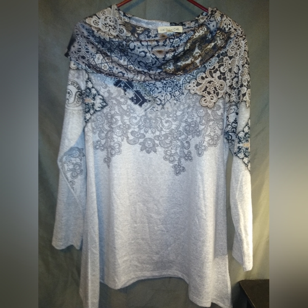 Cactus and Pearl Blue and Gray cowl neck business Top